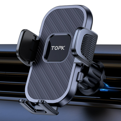 Car phone holder mounted to dashboard with smartphone displaying navigation