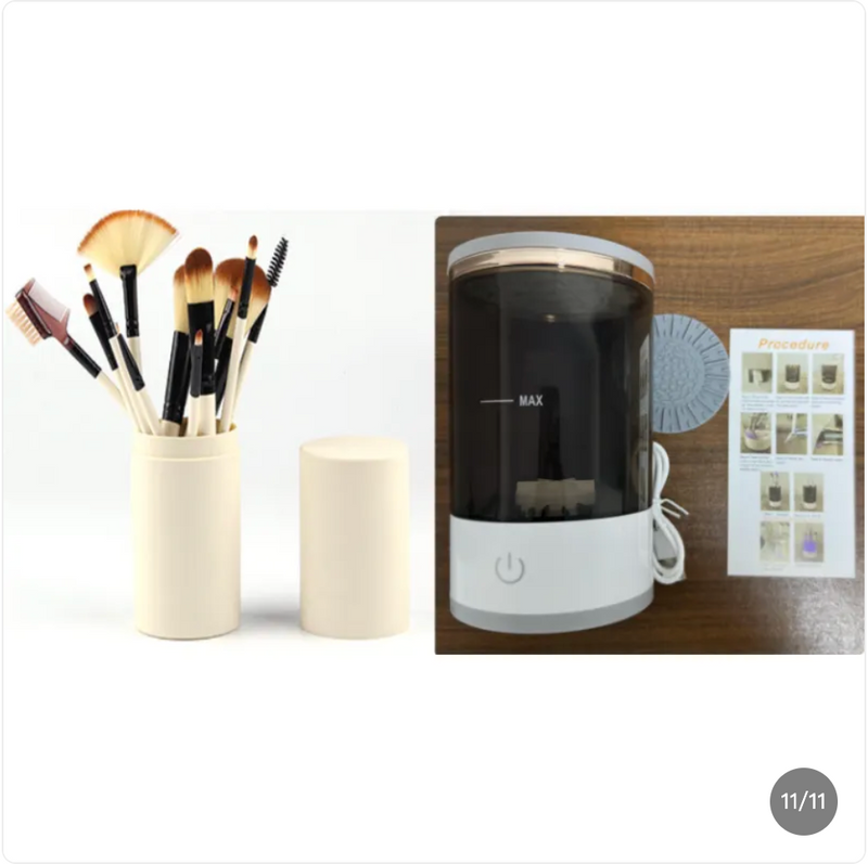 Makeup brush cleaner with drying rack and cleansing solution
